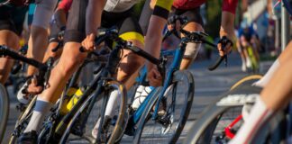 A close up of bike wheels in a race.
