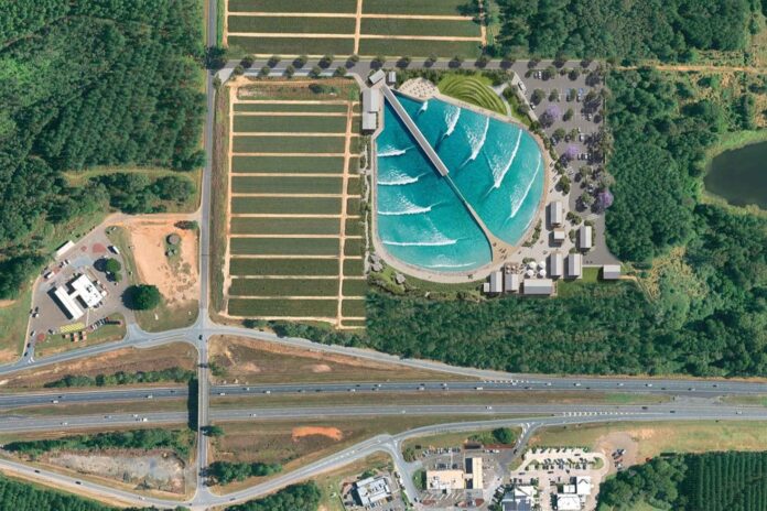 A render of the Surf Farm set to be built at Glenview, shows a leaf shaped wave pool amid plantations.