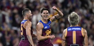 Eric Hipwood celebrates a goal in the semi-final against Adelaide.