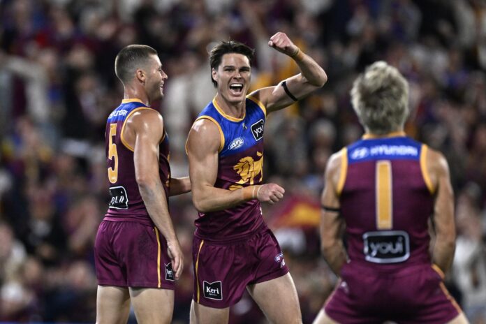 Eric Hipwood celebrates a goal in the semi-final against Adelaide.