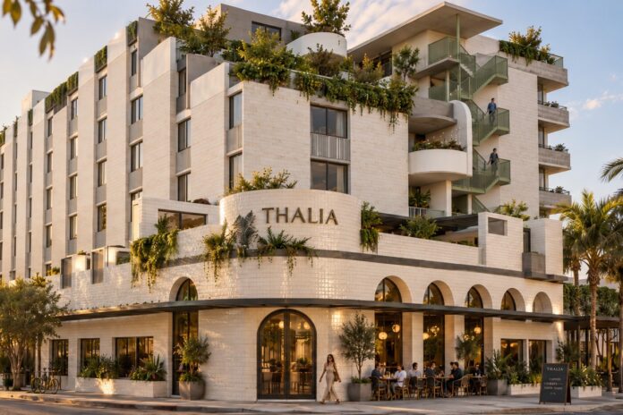 A render of the Thaloa development shows a multi-storey and tiered building with archway windows and the bottom floor.
