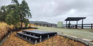 A viewing platform and a shelter at Cootharaba Lookout.