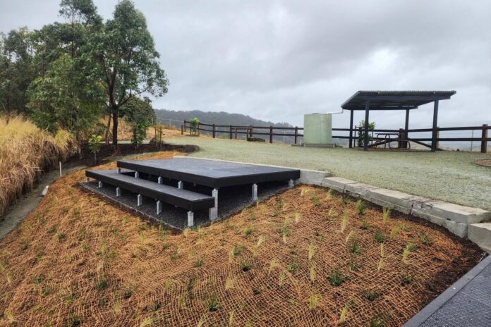 A viewing platform and a shelter at Cootharaba Lookout.