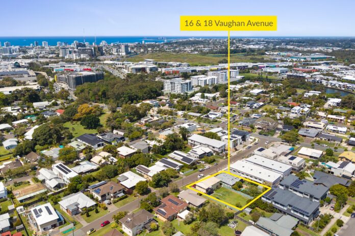 Aerial view of Lots 16 and 18 Vaughan Avenue, West Maroochydore, which are being offered together.