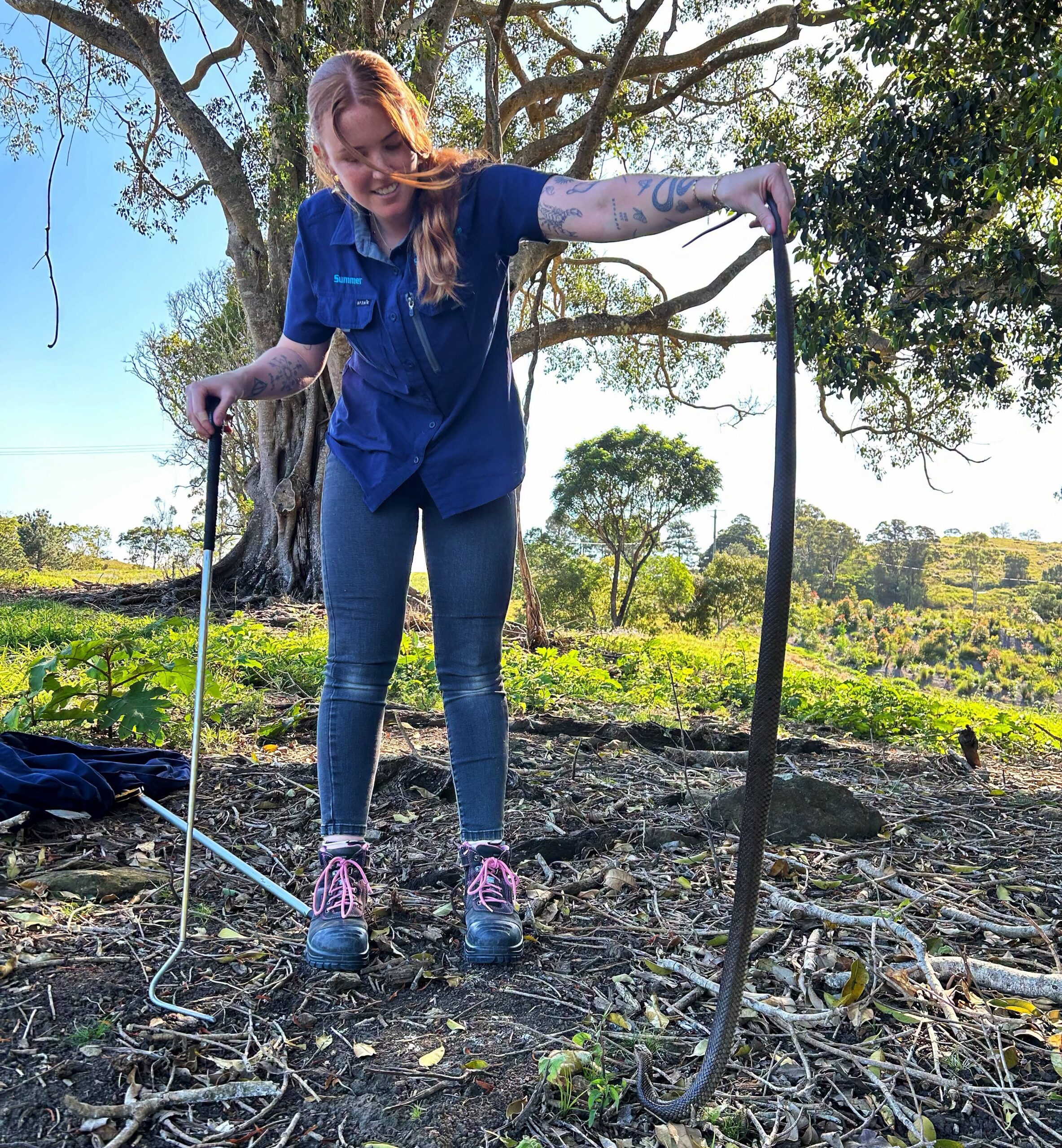 Female snake catcher in the bush holding a large eastern brown snake.
