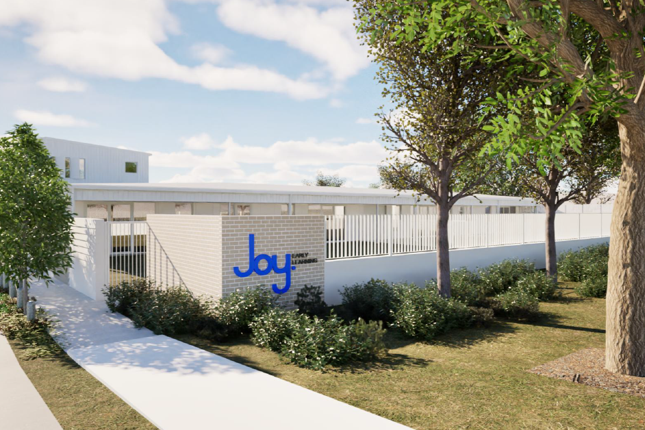 Artist's impression of a white fence, building and landscaping.