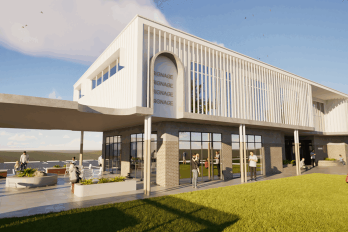 Artist's impression of a modern two-storey timber batten and brick building.