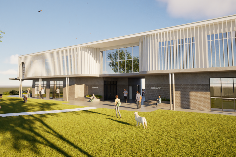 Artist's impression of a two-storey white timber batten and brick building that will become a gym.