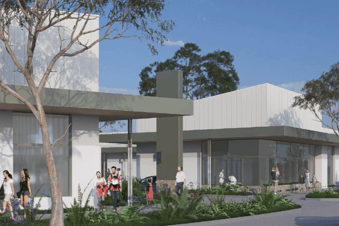 A render/illustration of a modern white and timber building surrounded by trees and greenery.