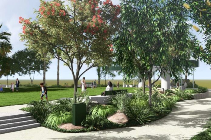 An illustration/artist's impression of a green space, complete with trees, lawn and a path.