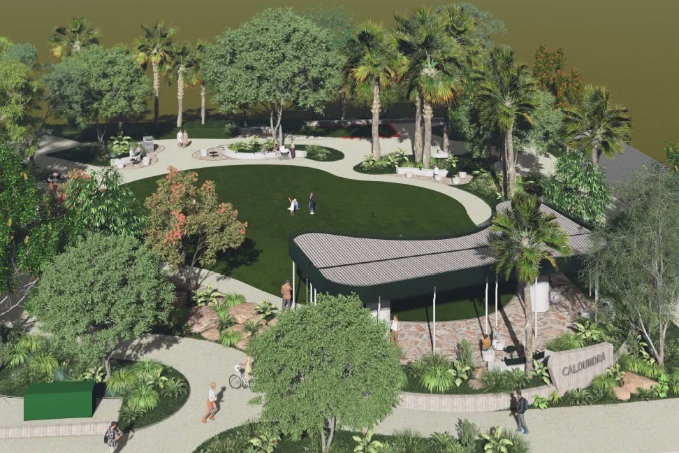 An aerial view artist's impression of a green space, complete with paths and shelters