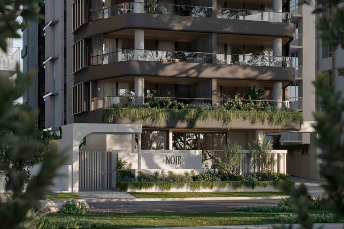 Artist's impression of the eight-storey Noir luxury apartment building at Picnic Point Esplanade, Maroochydore.