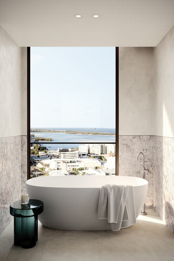 Render: bathroom with a view. SOL by Walker, Maroochydore.