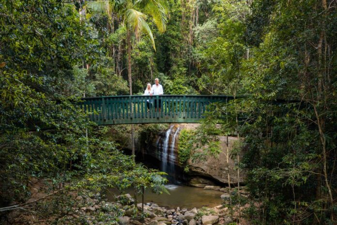 Two people standing on the scenic Buderim Forest Park Bridge.