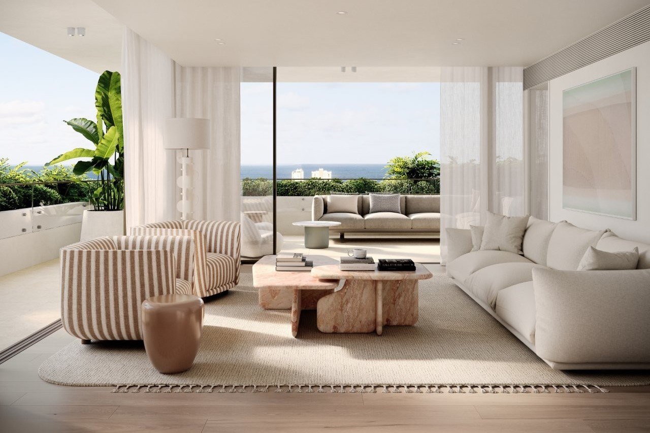 Render of the living area in one of the single-level penthouses, SOL by Walker at Maroochydore.