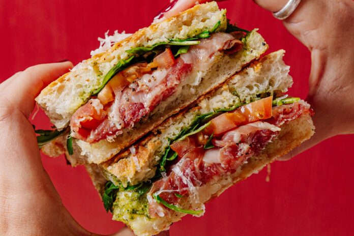 One of the signature focaccia sandwiches on the menu at River Kind.