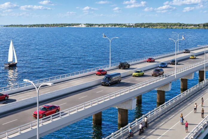 An artist's impression of the bridge between Sandstone Point and Bribie Island shows cars on a four-lane bridge alongside a pedestrian bridge.