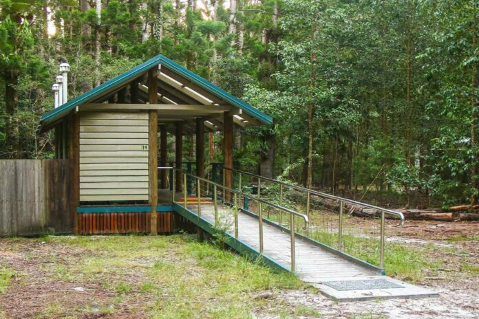 An amenities block in a state forest.