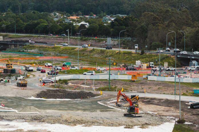 Heavy machinery at work on the Mooloolah River Interchange Upgrade.. Picture: TMR.