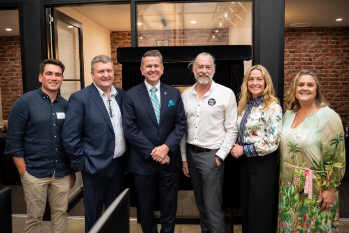 DV Safe Phone treasurer and director Adam Niemiec, chair and director Richard Sluiter, Deputy Premier Jarrod Bleijie, DV Safe Phone founder and CEO Ashton Wood, and non-executive directors Sarah Fardy and Isabella Villani at the opening of DV Safe Phone's new base.