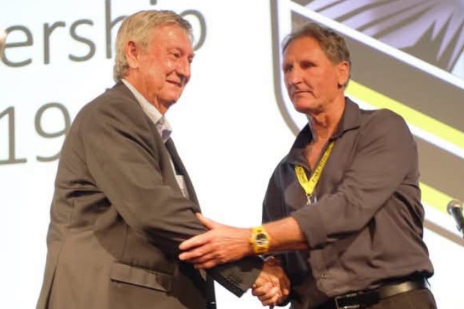 Les Williams was awarded Rugby League Sunshine Coast life membership in 2019. He is pictured with Nambour Rugby League patron Graham Allen. Picture: QRL.