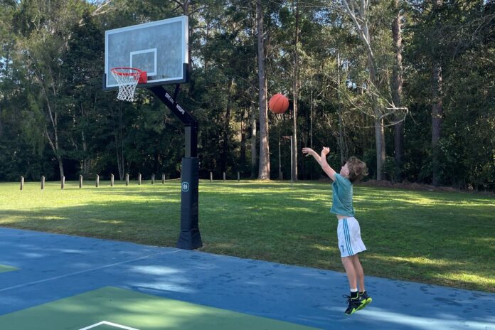 The new basketball hoop at Pioneer Park.