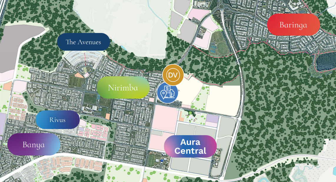 A graphic showing a map of Aura, including the future and existing suburbs.